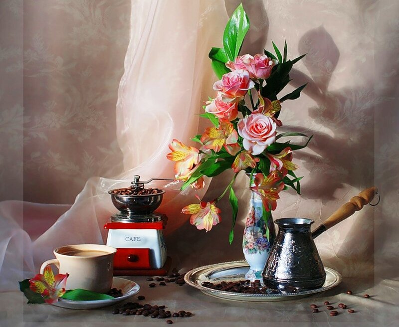 Coffee Setup with Flowers — Beige