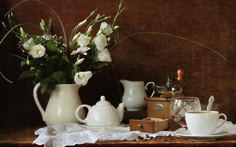 Coffee Setup with Flowers — Brown, Calm