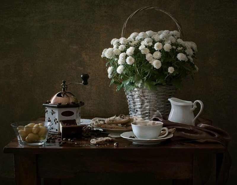 Coffee Setup with Flowers — Brown