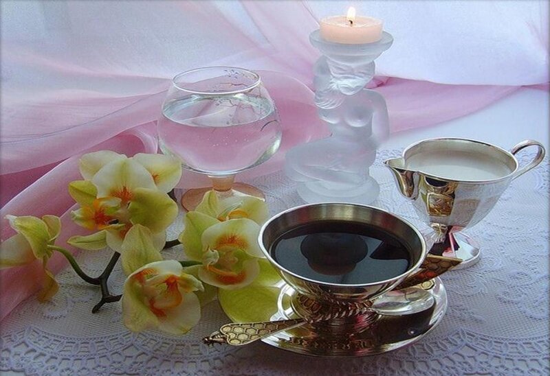 Coffee Setup with Flowers — White, Serene