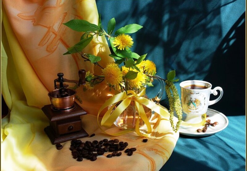 Coffee Setup with Flowers — Yellow