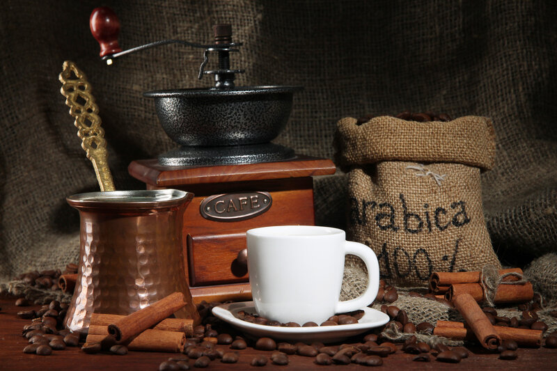 Coffee Setup with Grinder — Brown, Dramatic