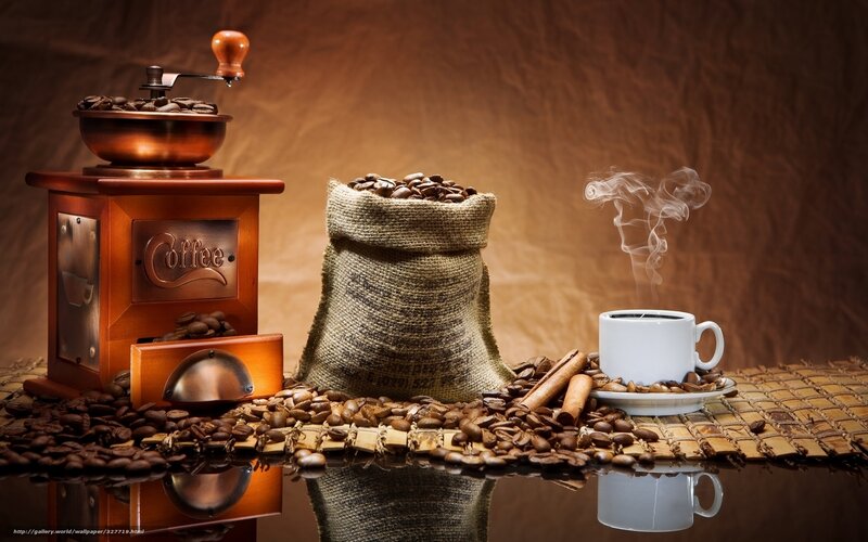 Coffee Setup with Grinder — Brown, Warm, Photograph, Bag of Beans