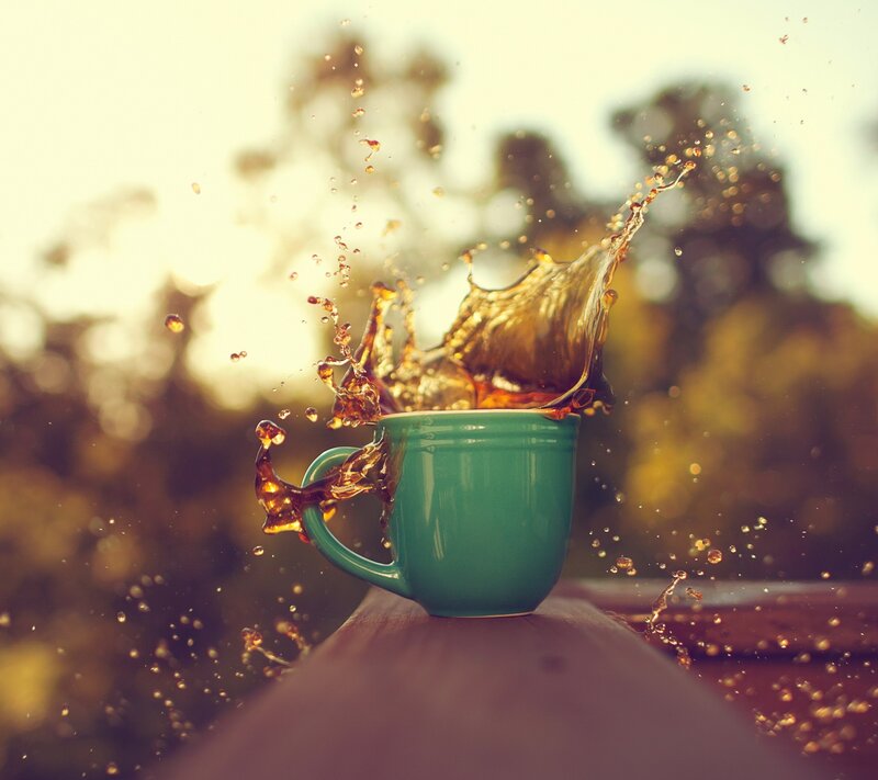 Coffee Splashing from Cup — Green, Dynamic, Sunset, Photograph