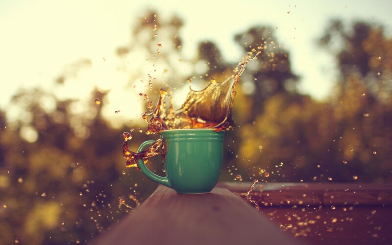 Coffee Splashing from Cup — Green, Dynamic, Sunset