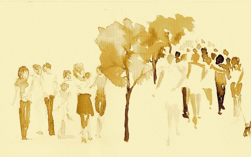 coffee stain art of people walking