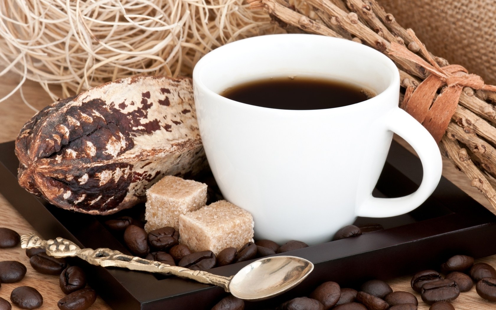 coffee with cocoa pod and sugar