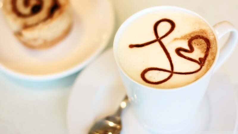 Coffee with Latte Art — White, Calm, Morning, Photograph, Cinnamon Roll, Spoon