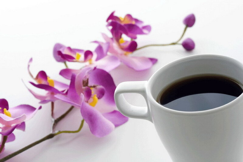 coffee with purple orchids