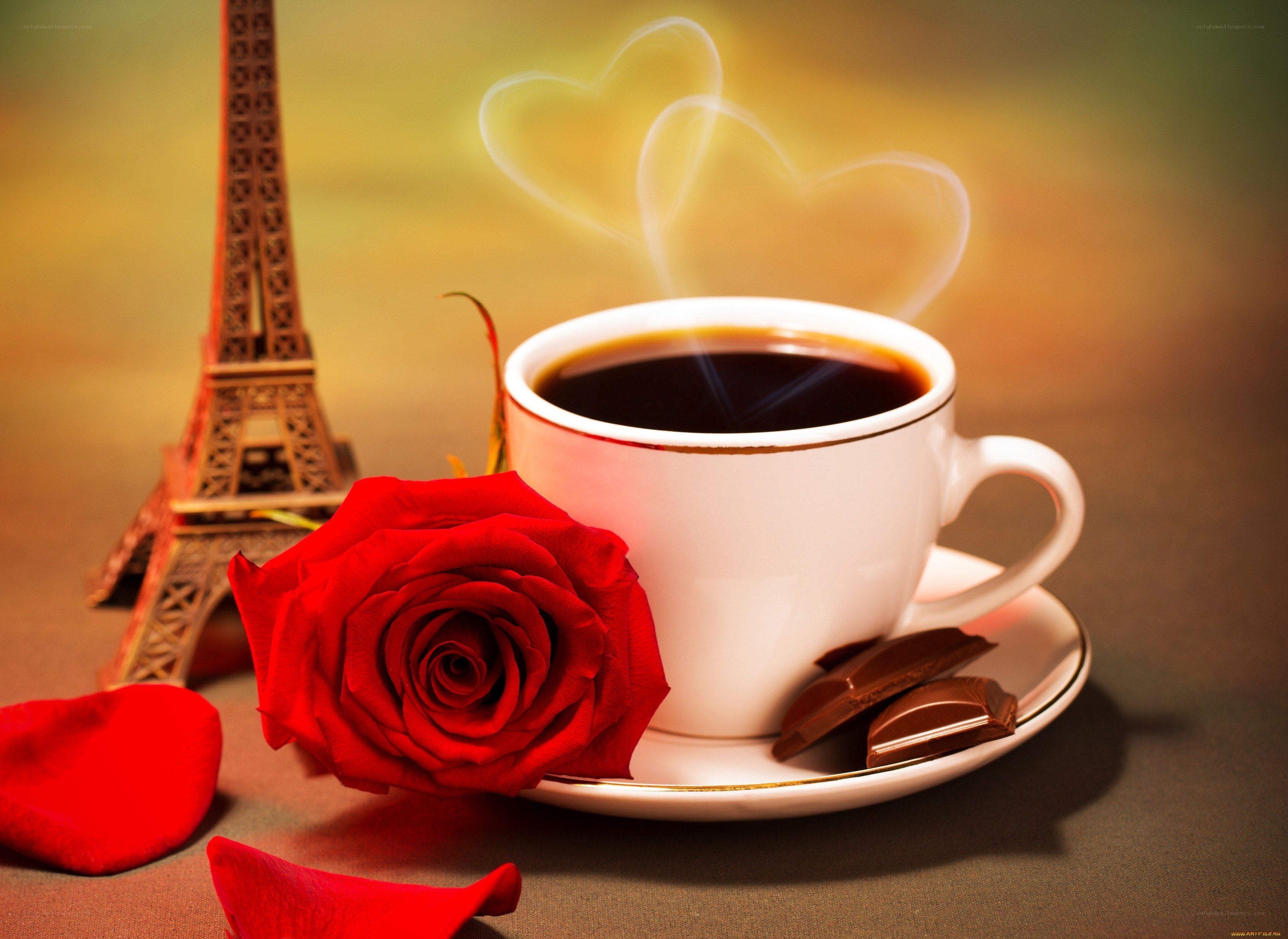 coffee with rose and Eiffel Tower