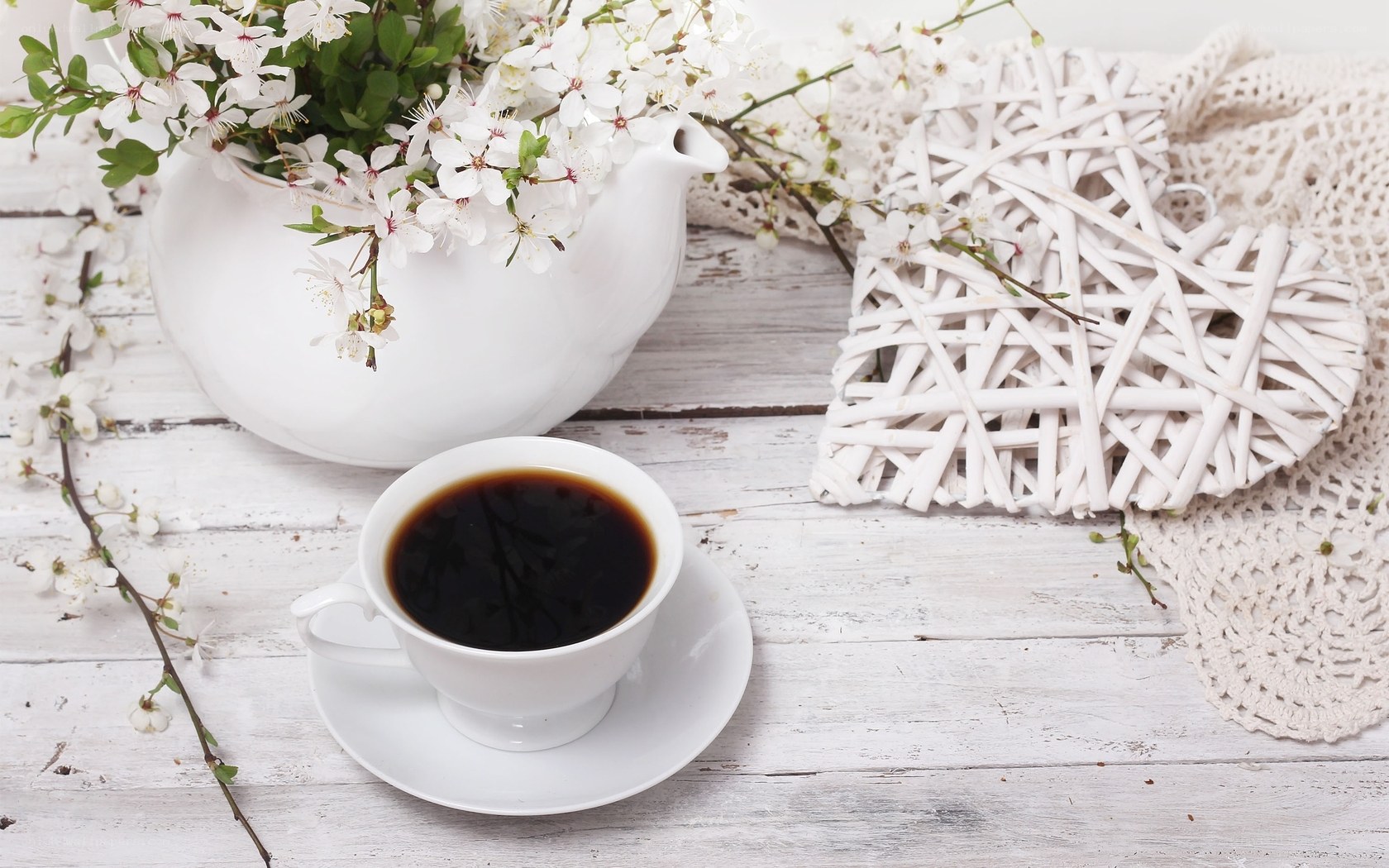 coffee with spring blossoms
