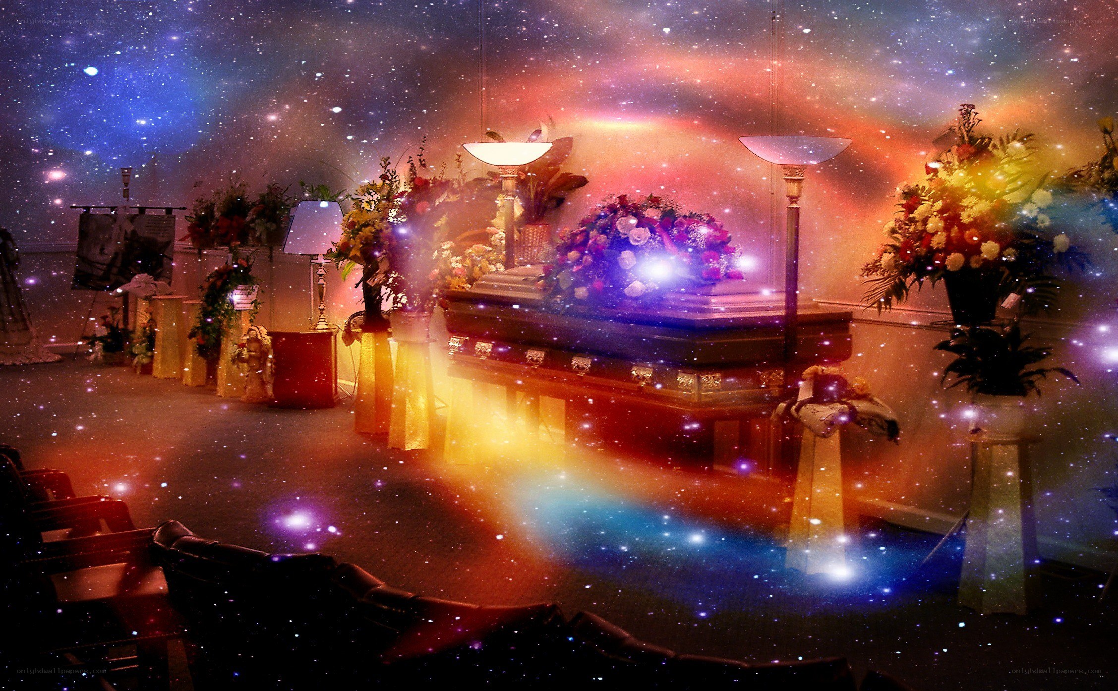 Coffin in a starry room