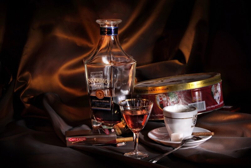 Cognac and Coffee Setup — Brown, Dramatic, Night, Photograph, Bottle, Cup, Cigar
