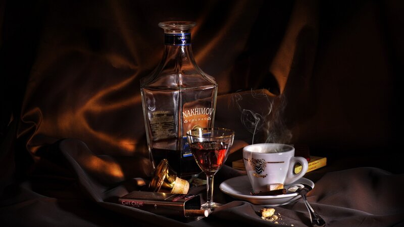 Cognac and Coffee Setup — Brown, Dramatic, Night, Photograph