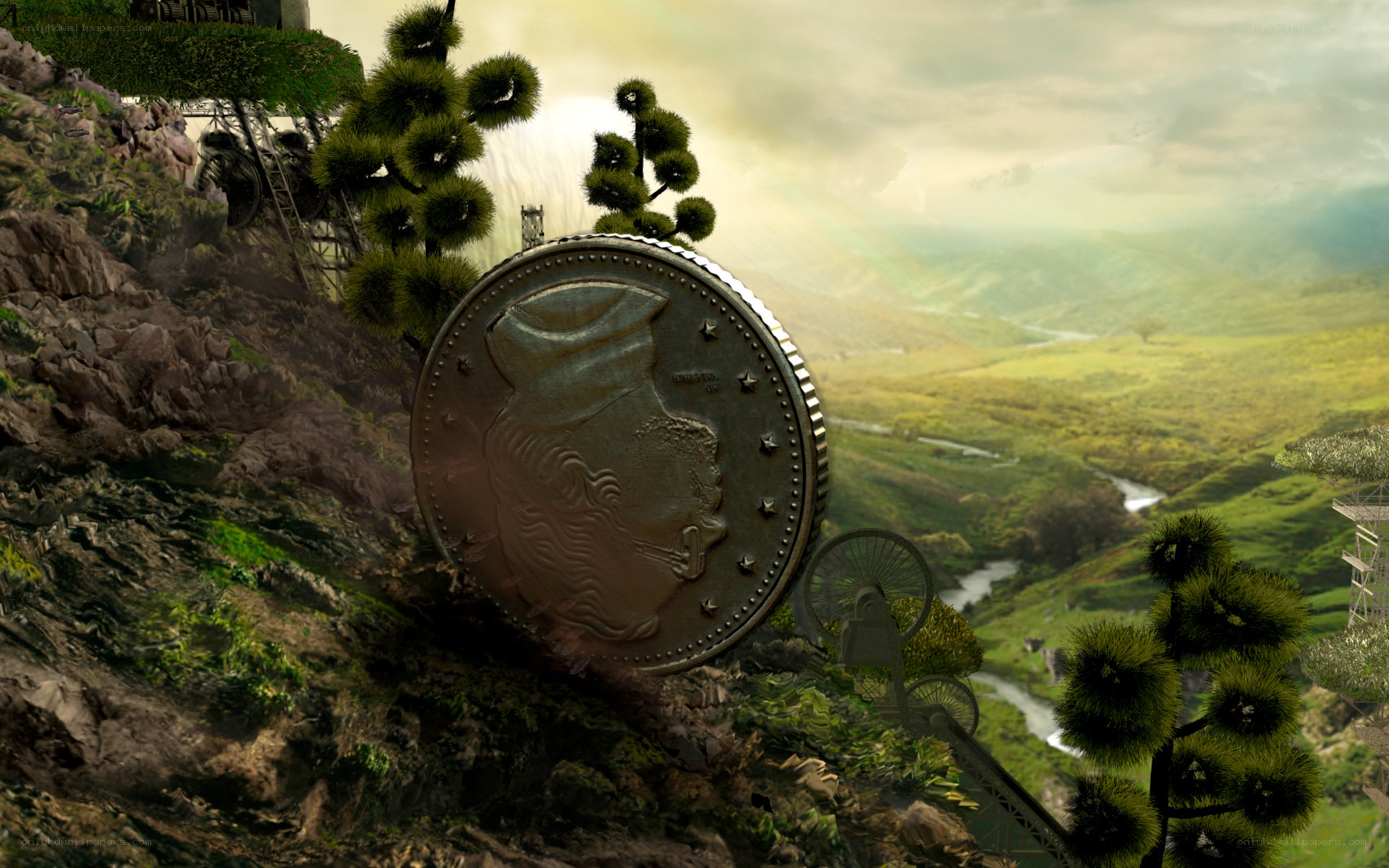 Coin on a hillside landscape