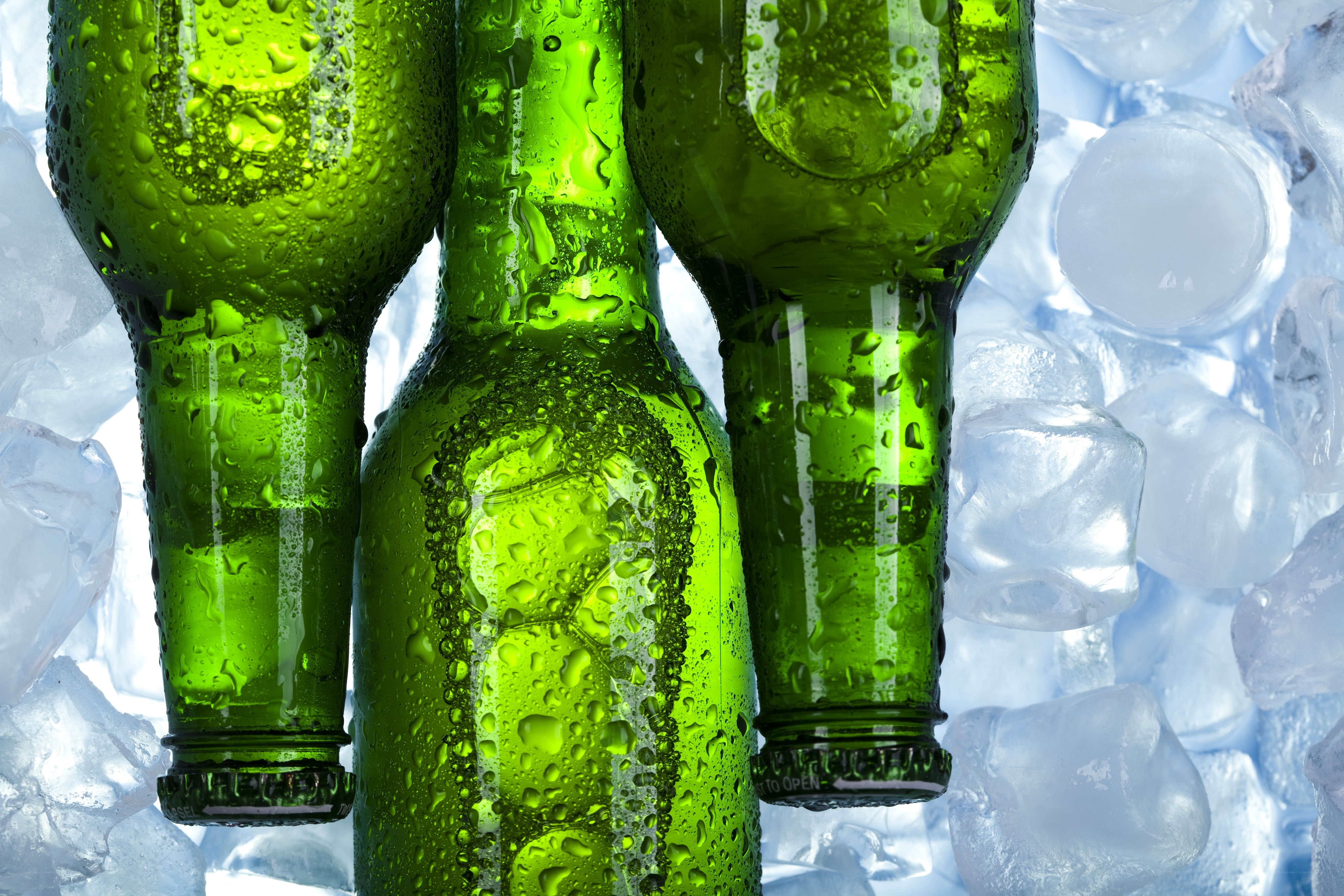 cold beer bottles in ice