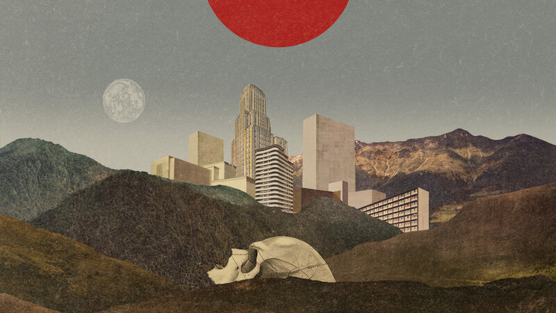 Collage of city and skull
