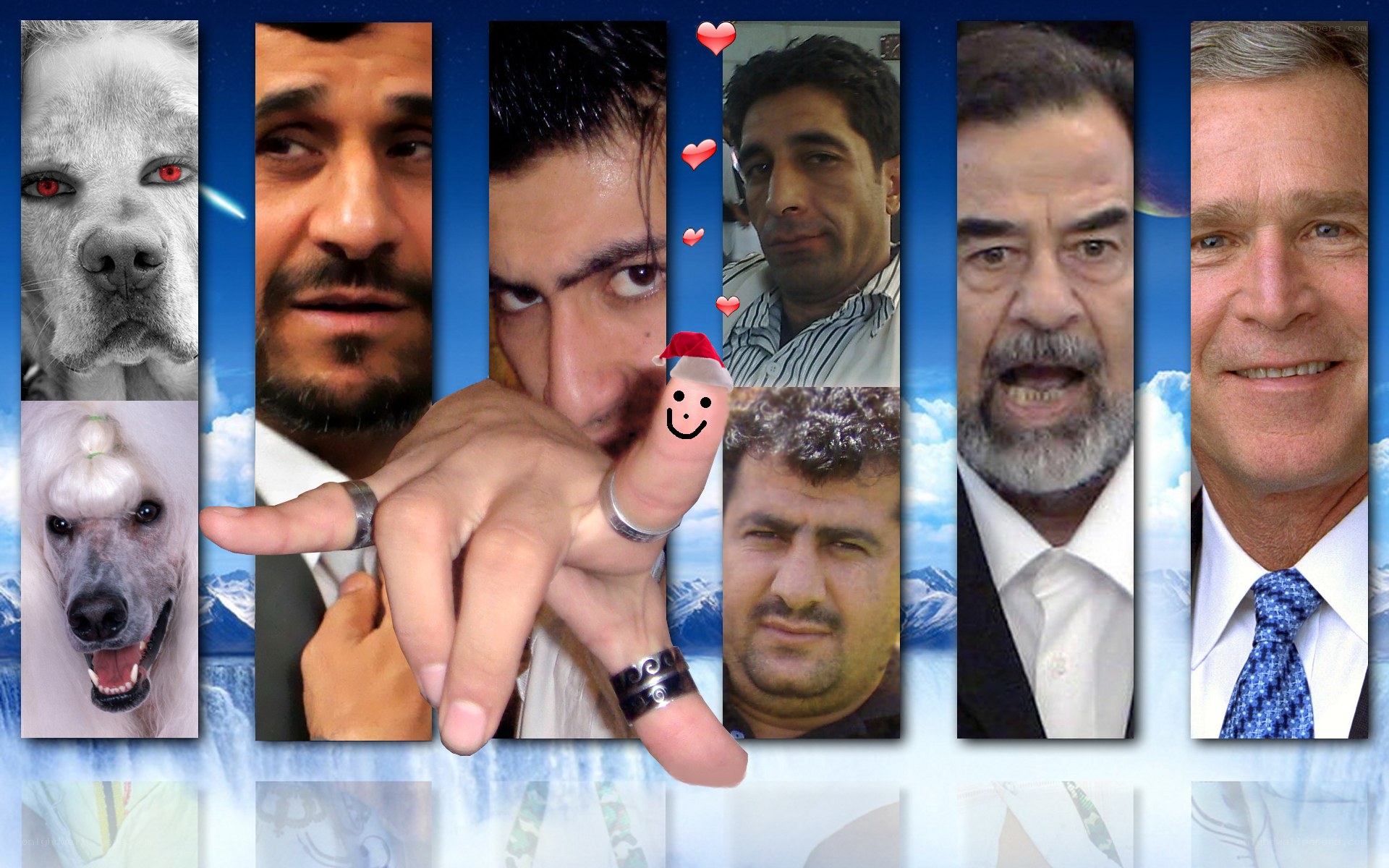 Collage of faces and a hand