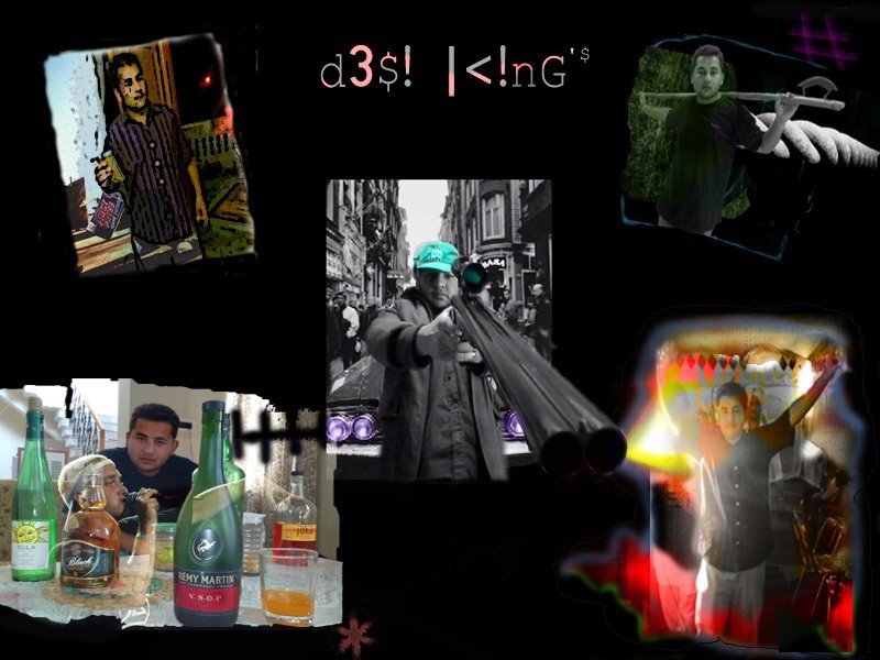 Collage of men with weapons and alcohol