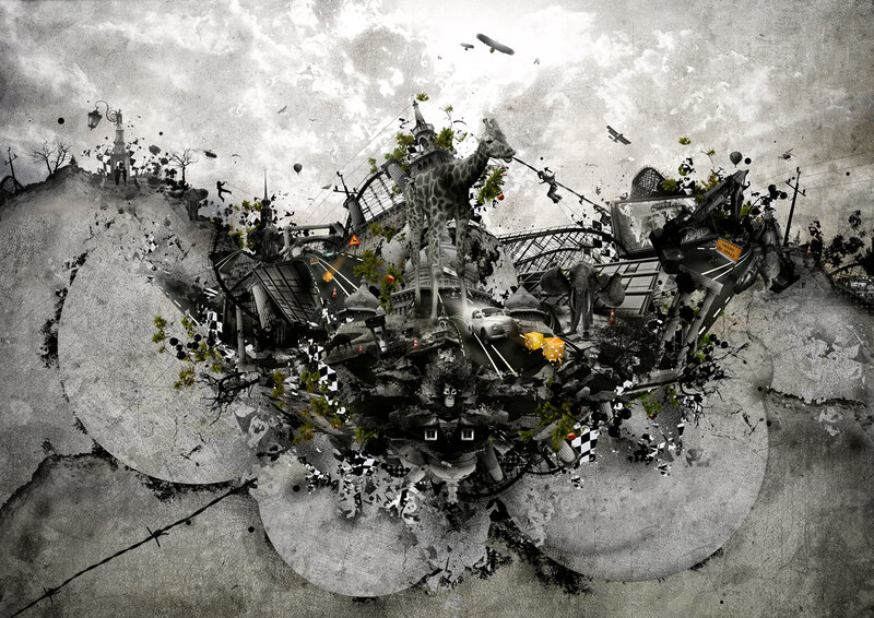 collage of urban chaos