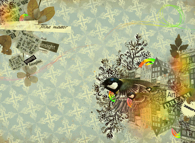 collage with birds and cityscape