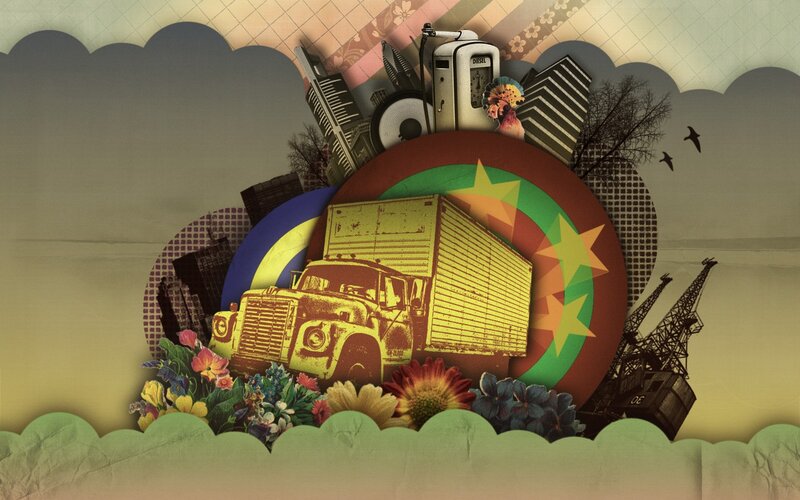 collage with truck and city elements