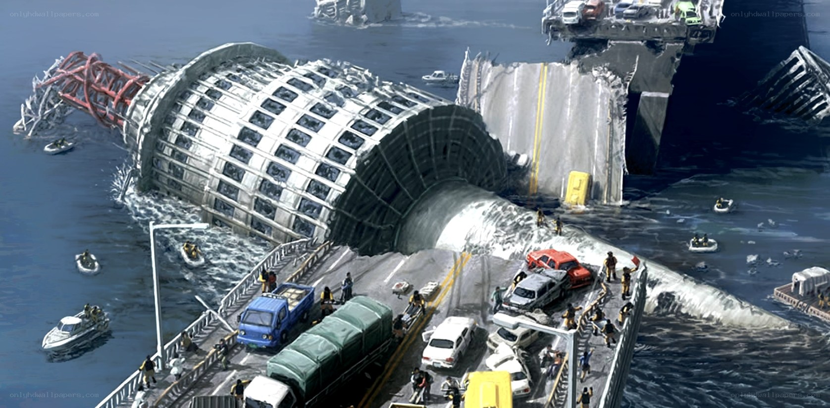 Collapsed bridge disaster scene
