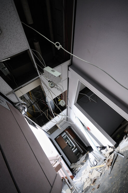 collapsed ceiling with exposed wiring