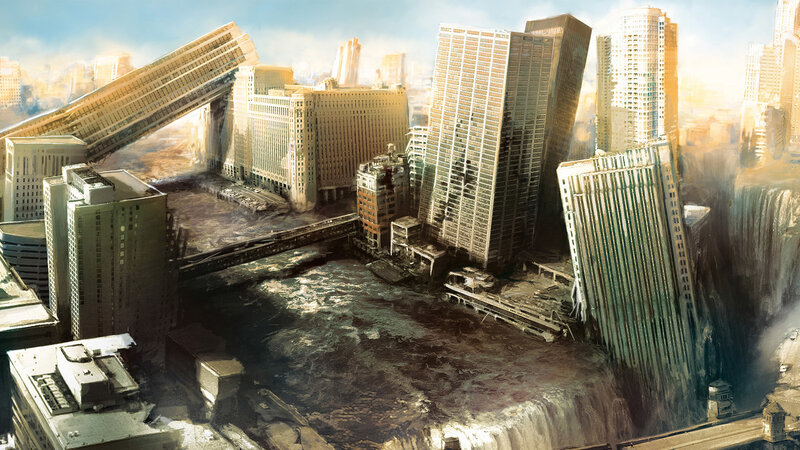 Collapsed City Buildings — Brown, Dramatic, Afternoon, Digital Art, Skyscrapers