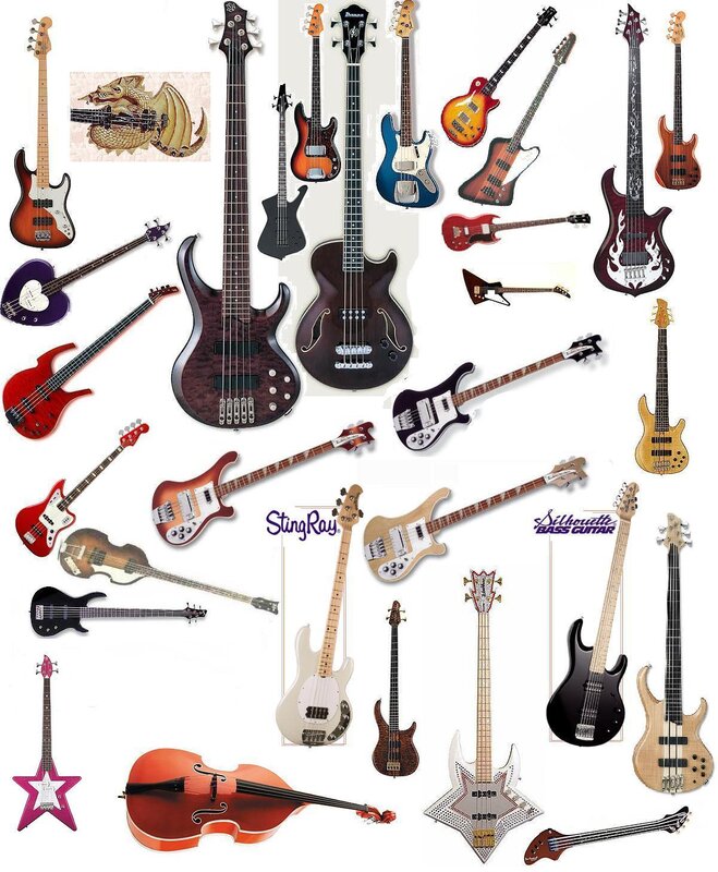 Collection of bass guitars