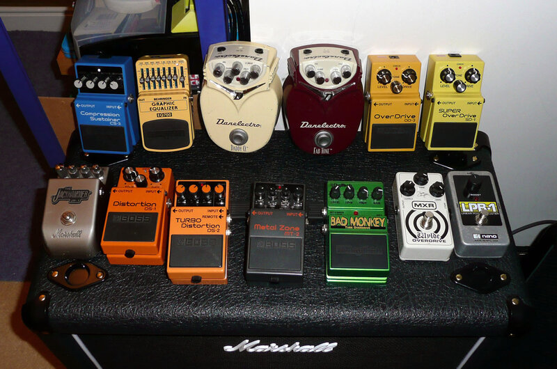 collection of guitar effect pedals