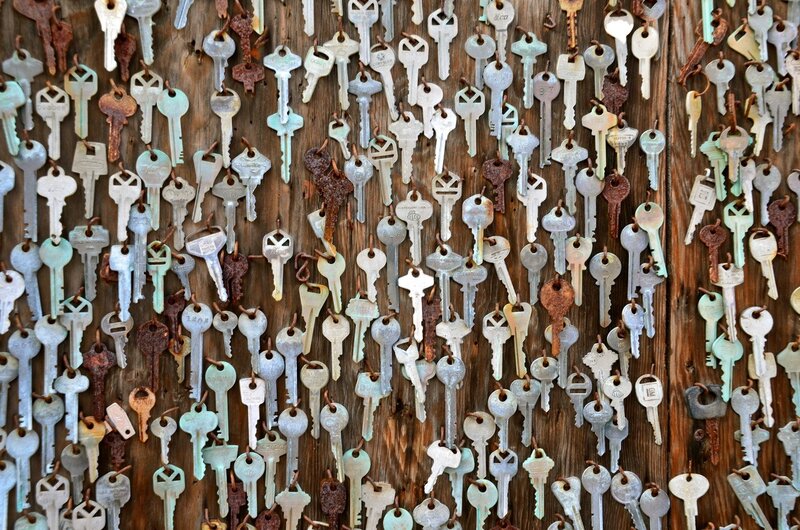 collection of old keys on wood