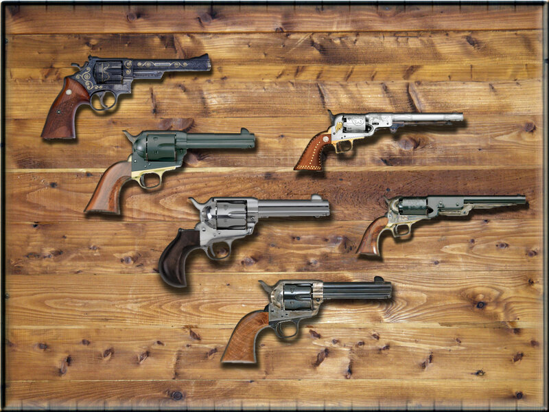 Collection of revolvers on wood