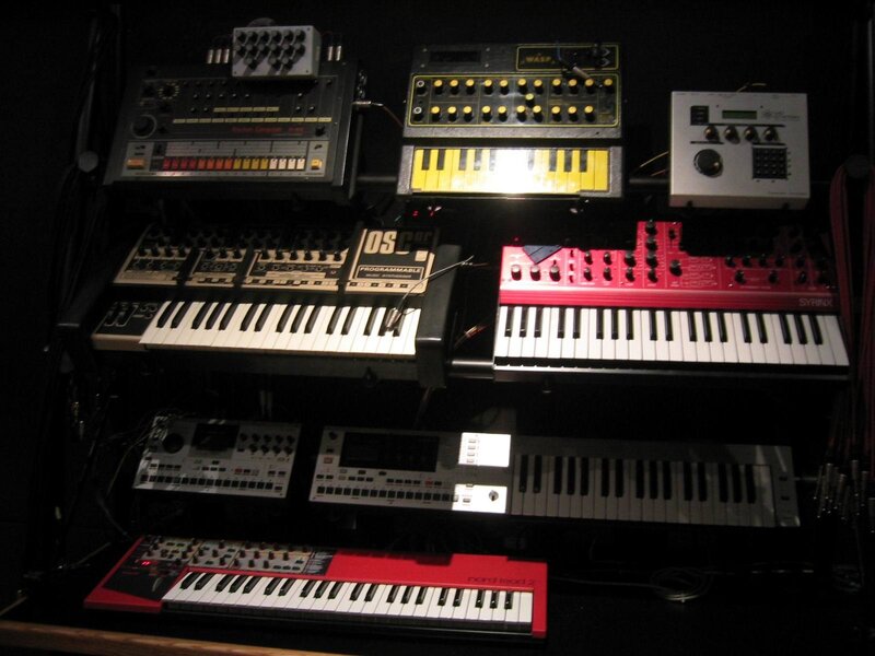 collection of vintage synthesizers