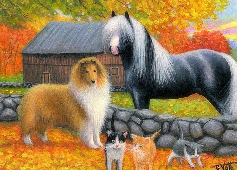 Collie Dog and Horses