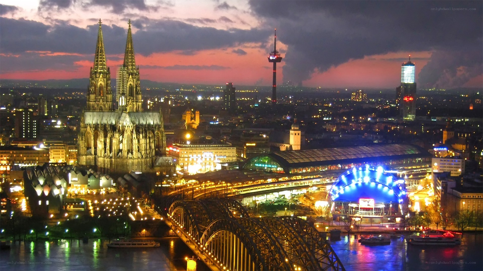 Cologne at dusk with cathedral