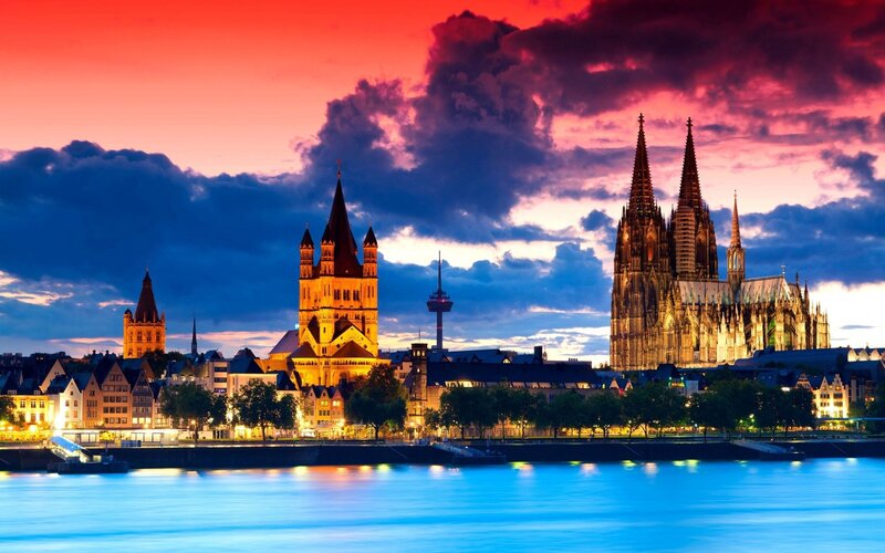 Cologne Cathedral at Dusk — Blue, Dramatic, Sunset, Photograph, River, Cityscape