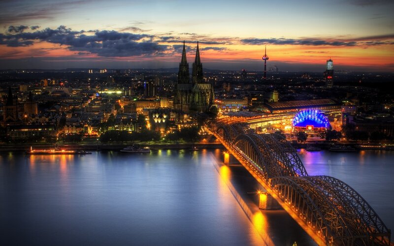 Cologne Cathedral at Dusk — Blue, Dramatic, Sunset, Photograph, River Rhine