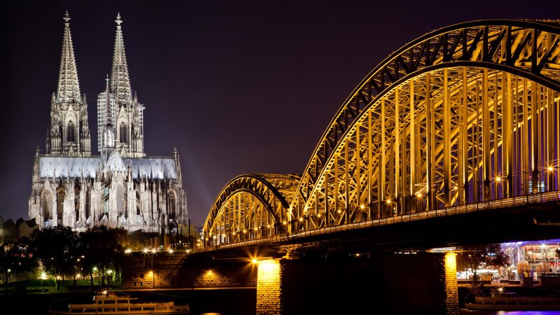 Cologne Cathedral at Night — Black, Dramatic, Photograph, Bridge, River, City Lights