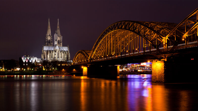 Cologne Cathedral at Night — Black, Dramatic, Photograph, Bridge