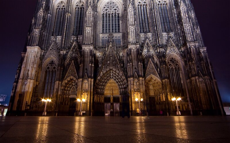 Cologne Cathedral at Night — Black, Dramatic, Photograph, Streetlights