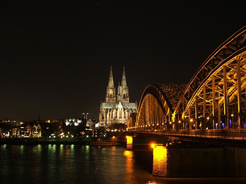 Cologne Cathedral at Night — Black, Serene, Photograph, Bridge