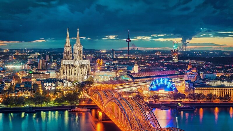 Cologne Cathedral at Night — Blue, Dramatic, Photograph, Bridge, River, Cityscape
