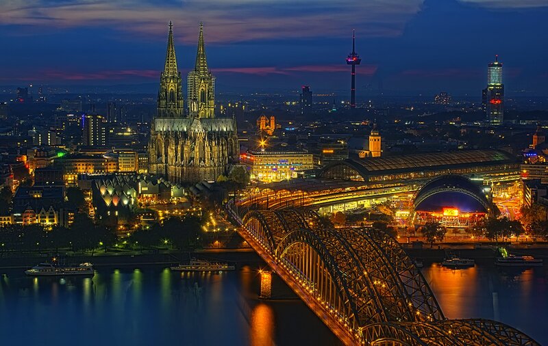 Cologne Cathedral at Night — Blue, Dramatic, Photograph, Bridge, River, Skyscraper