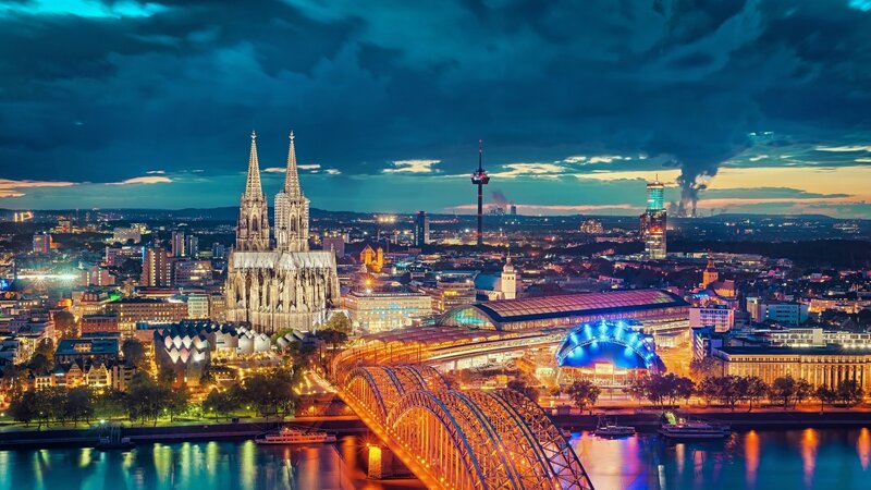 Cologne Cathedral at Night — Blue, Dramatic, Photograph, Bridge, River