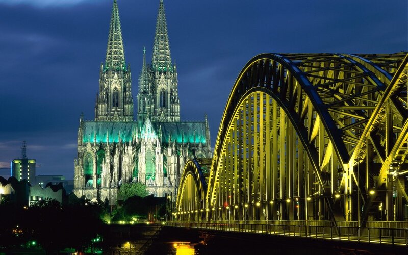 Cologne Cathedral at Night — Blue, Dramatic, Photograph, Bridge