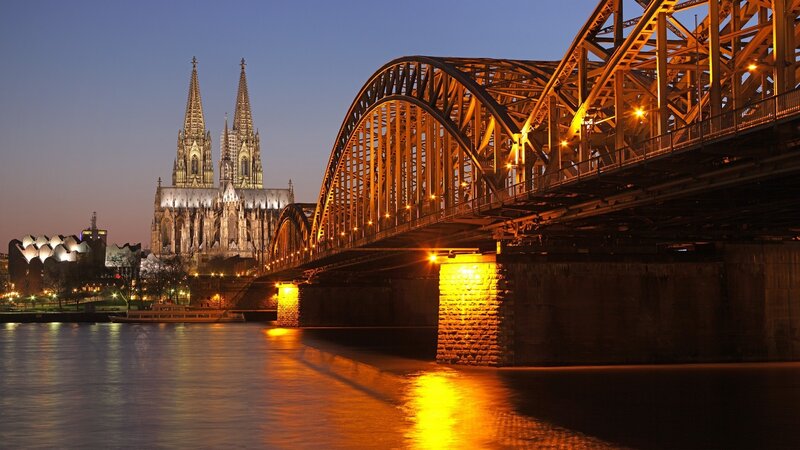 Cologne Cathedral at Night — Blue, Serene, Photograph, Bridge, River, Yellow, Black