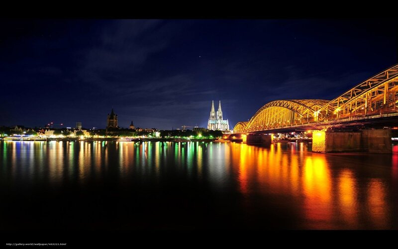 Cologne Cathedral at Night — Blue, Serene, Photograph, Bridge