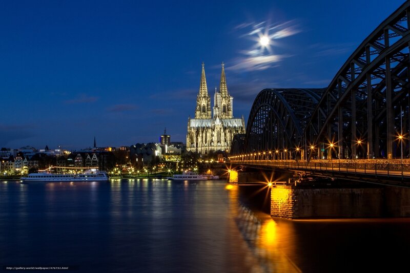 Cologne Cathedral at Night — Blue, Serene, Photograph, River