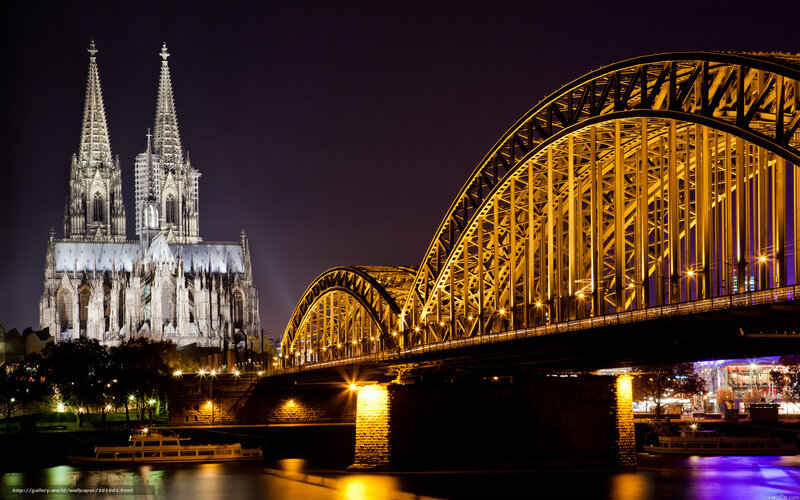 Cologne Cathedral at Night — Yellow, Dramatic, Photograph, Bridge